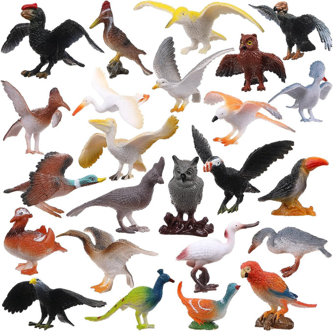 24-piece realistic bird figurines set with varied species and decorative uses for kids and collectors