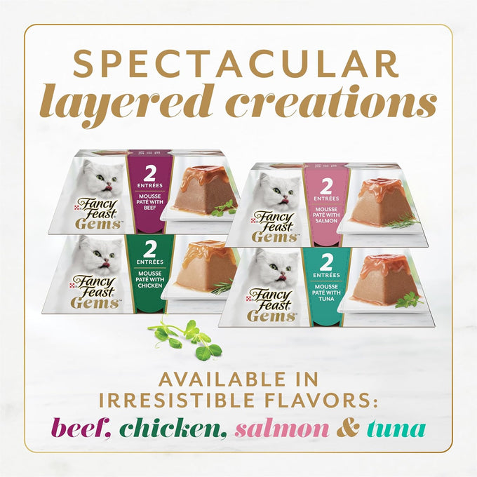 Fancy Feast Gems pate cat food mousse and savory gravy wet cat food variety pack, pack of 12, 4 oz boxes