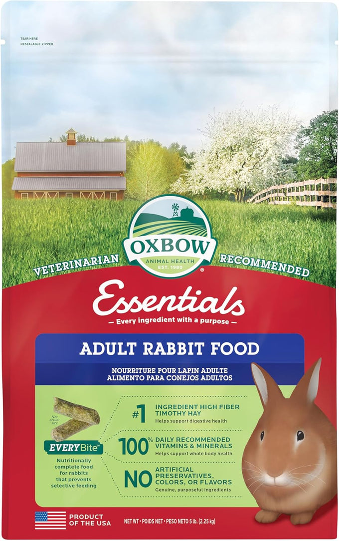 Oxbow essentials rabbit food, adult bunny pellets with timothy hay, vitamins, and minerals, 5 lb