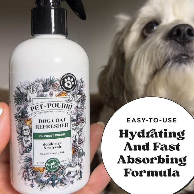 poo-pourri furrest fresh dog deodorizing spray, 8 fl oz, paraben & sulfate-free, fir, amber, & cedarwood scent