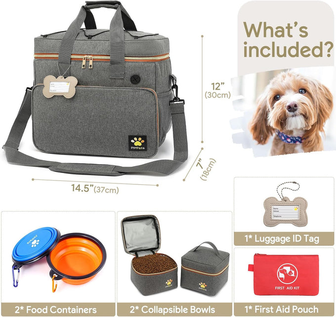 grey dog travel bag for dogs and cats with multi-function pockets and airline compliant design