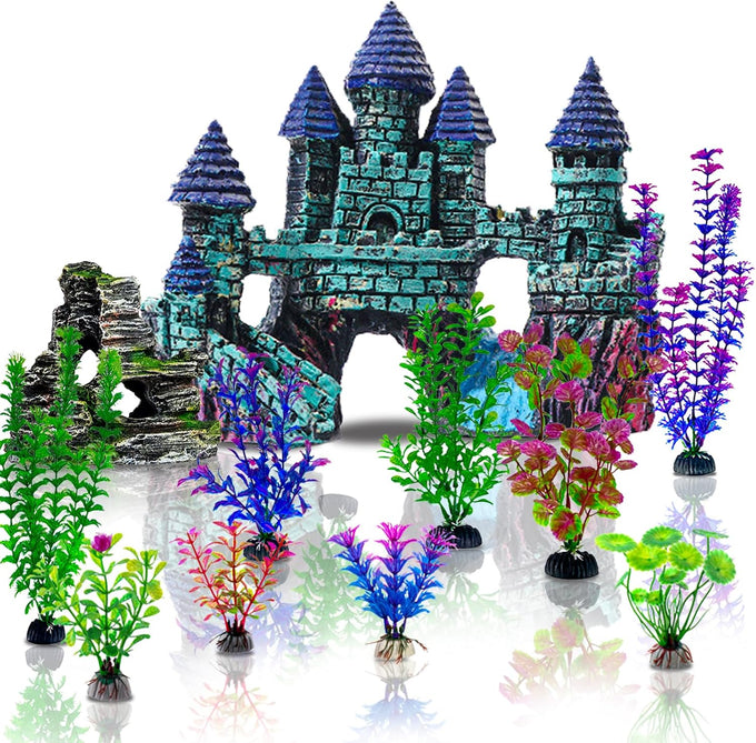 Mechpia 13 Pieces Aquarium Decorations Kit, Small Resin Castle, Rockery, and Artificial Plants for Betta Fish Tank Decorations