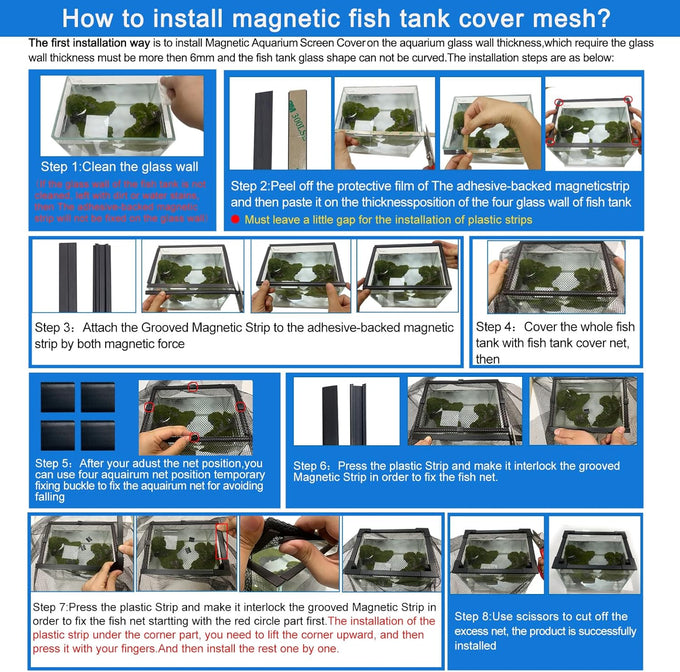 Magnetic aquarium cover mesh for curved fish tanks up to 13.12 feet long, fish-safe and adjustable