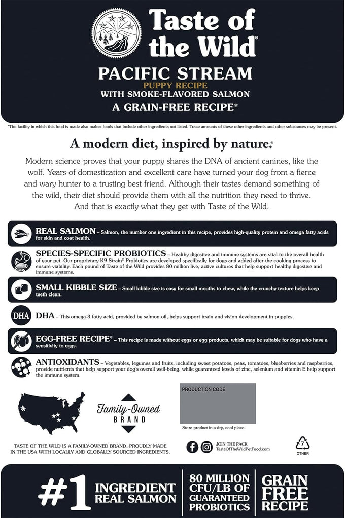 Taste of the Wild Pacific Stream Grain-Free Dry Puppy Food with Smoke-Flavored Salmon, 28lb, High-Protein Formula