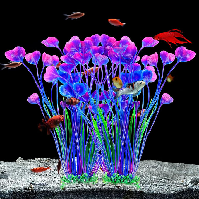 aquaneat artificial fish tank plants, 15.5 inch purple decorations, 2pcs, plastic aquarium accessories large