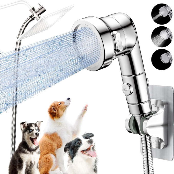 dog shower attachment for convenient dog bath, 3-mode high pressure handheld dog shower head with 8.2-foot hose and dog brush