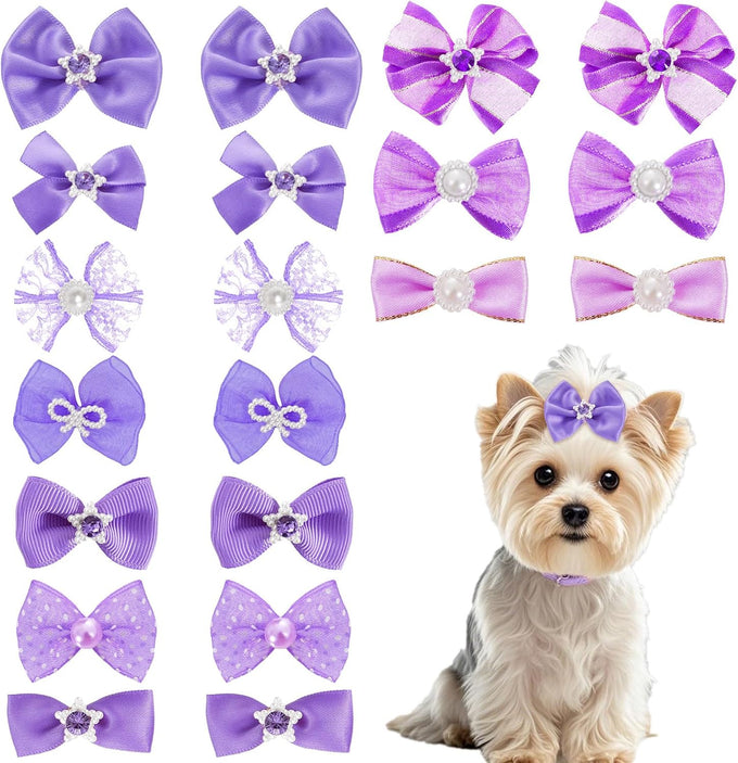 pink dog hair bows set with rubber bands, 10 pairs, 20 pieces, handmade mix style for small, medium, large dogs