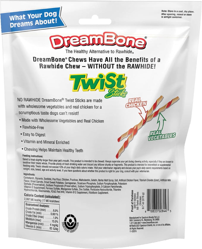 DreamBone Twist Sticks Chews, 50-Count, Rawhide-Free, Vegetables, Chicken, 100% Delicious, for Healthy Teeth