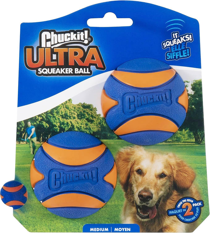 Chuckit! Ultra Squeaker Balls for Medium Dogs, Durable Rubber, Floating Water Pet Toys, Pack of 2, 2.5" Diameter