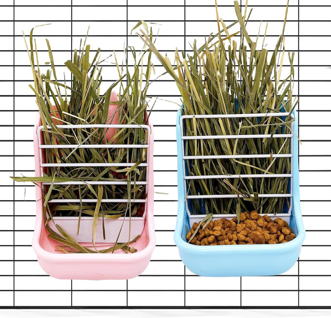 hamiledyi 2 in 1 hay feeder rack for rabbits guinea pigs chinchillas pink blue