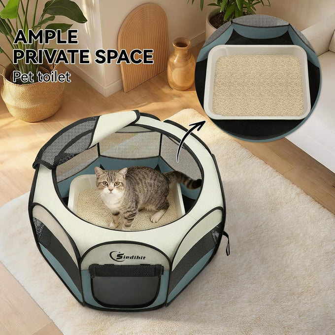 Siedihit grey small dog cat playpen, portable pop up enclosure kennel with carrying case for dogs cats rabbits