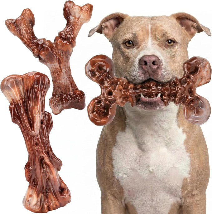 Kseroo bacon flavored nylon dog chew toys 3-pack for medium large dogs 25-90lbs brown XL