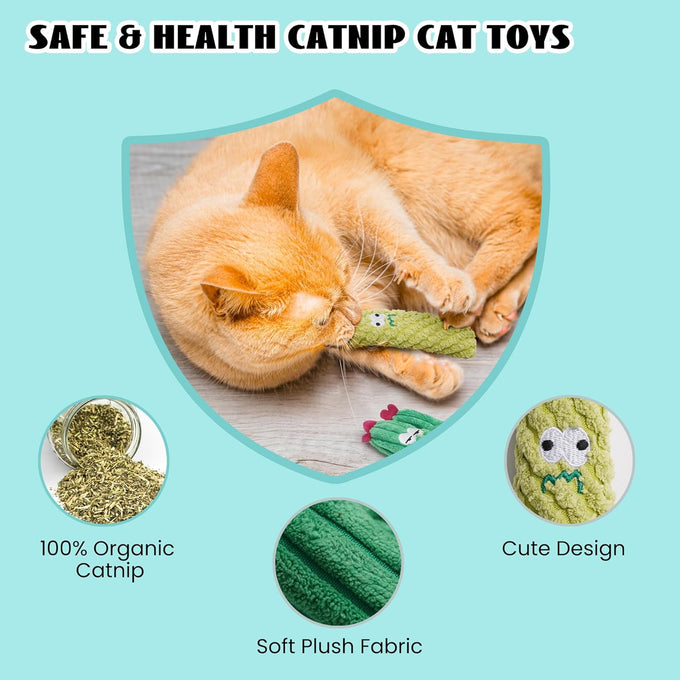 Pawsible 5-Pack Organic Catnip-Filled Cactus Cat Toys for Indoor Cats, Anxiety Relief, Teething & Chew Toys
