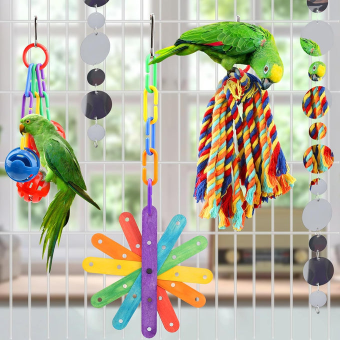 Quozuo small bird toys for parakeets, parrot, cockatiel, 4-piece bird cage accessories set