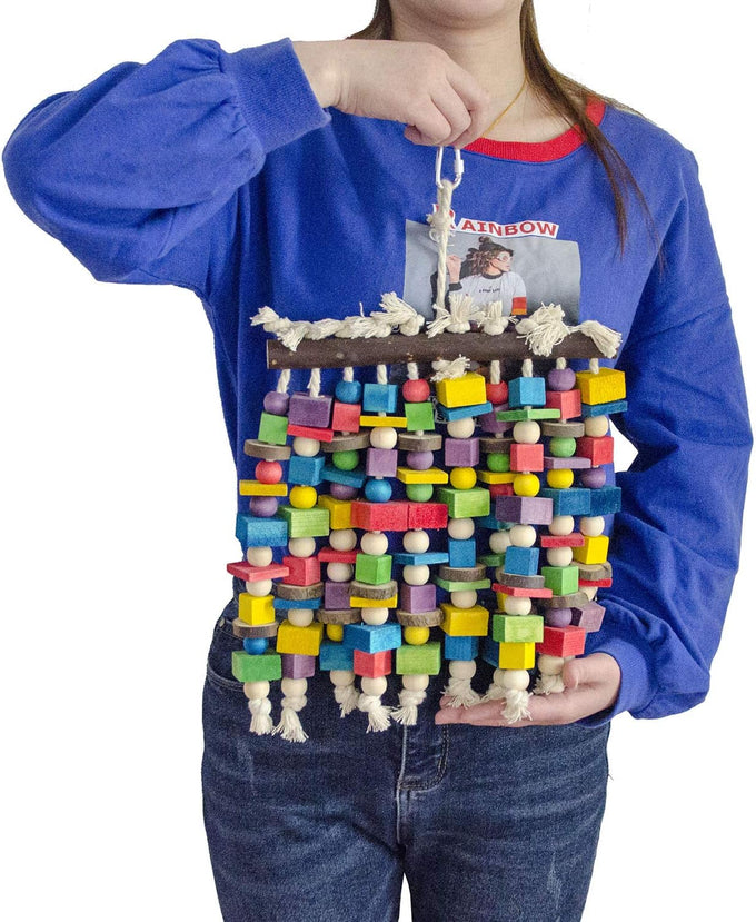 Deloky multicolored natural wooden bird parrot chewing toy for large macaws, cockatoos, african greys and amazon parrots