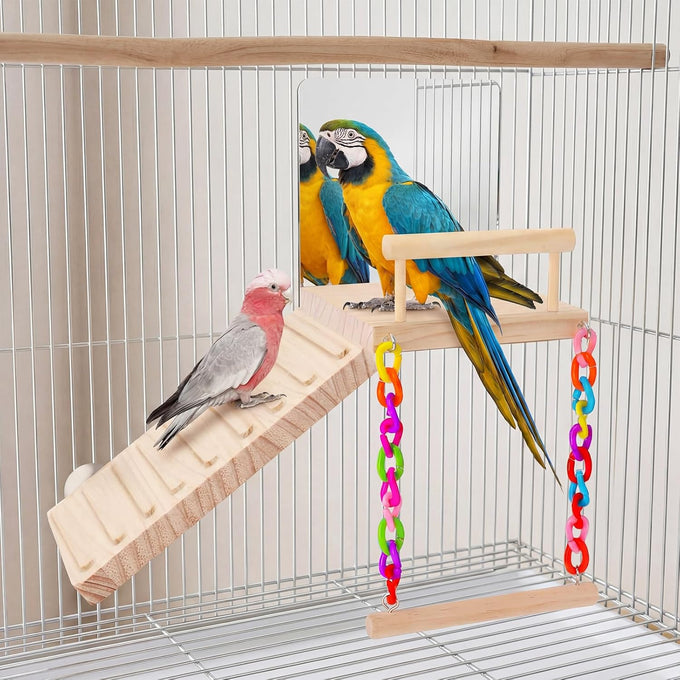 Wooden Bird Perch Platform Toy Set with Mirror, Climbing Ladder, and Swing for Parrots and Budgerigars