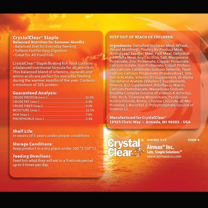 CrystalClear Staple Pond Fish Food 2.2 pound bag, 32% protein floating pellets for koi & goldfish
