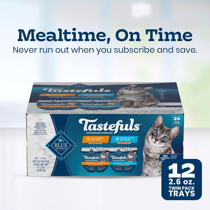 Blue Buffalo Tastefuls Paté Spoonless Single Wet Cat Food Variety Pack (Chicken & Turkey), Made with Natural Ingredients Enhanced with Minerals & Other Nutrients, 2.6-oz. Twin-Pack Trays (12 Count)
