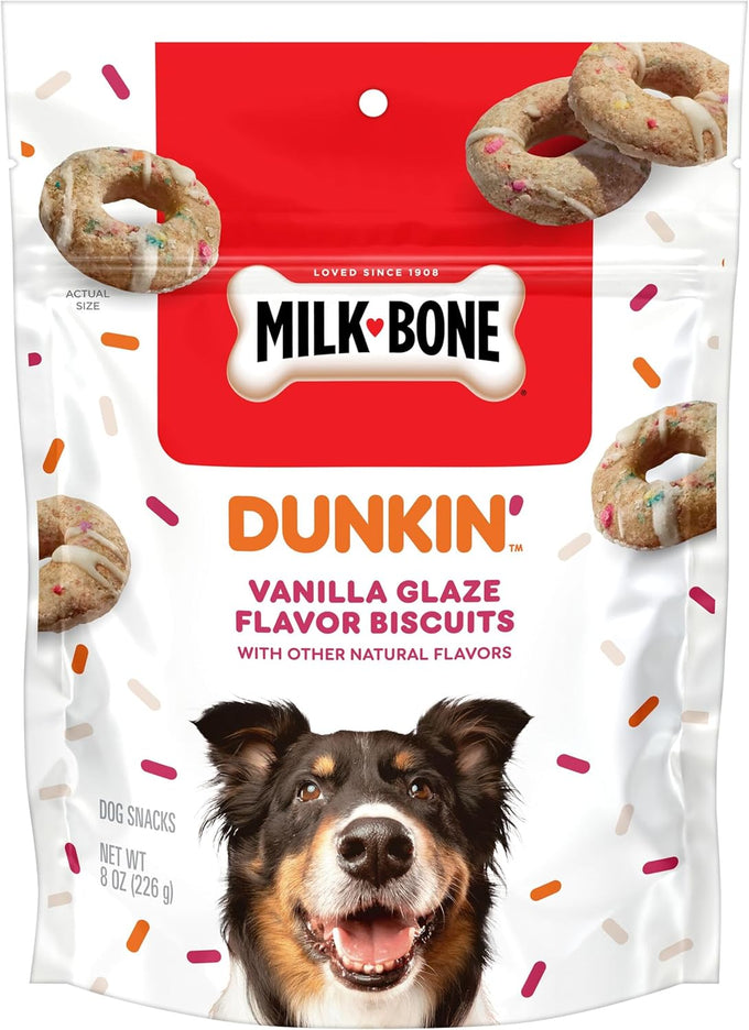 Milk-Bone Dunkin' Vanilla Glaze Flavor Dog Biscuits, 8 Ounce Bag, Donut Inspired, Natural Flavors
