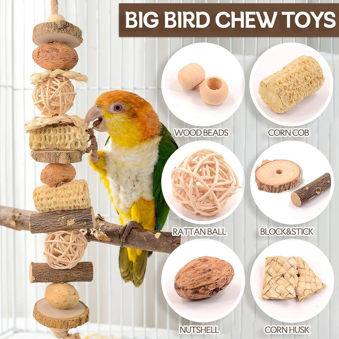14.5" Extra Large Macaw Bird Chewing Toy with Natural Wood, Corn Cobs and Rattan Balls for African Grey, Cockatoos