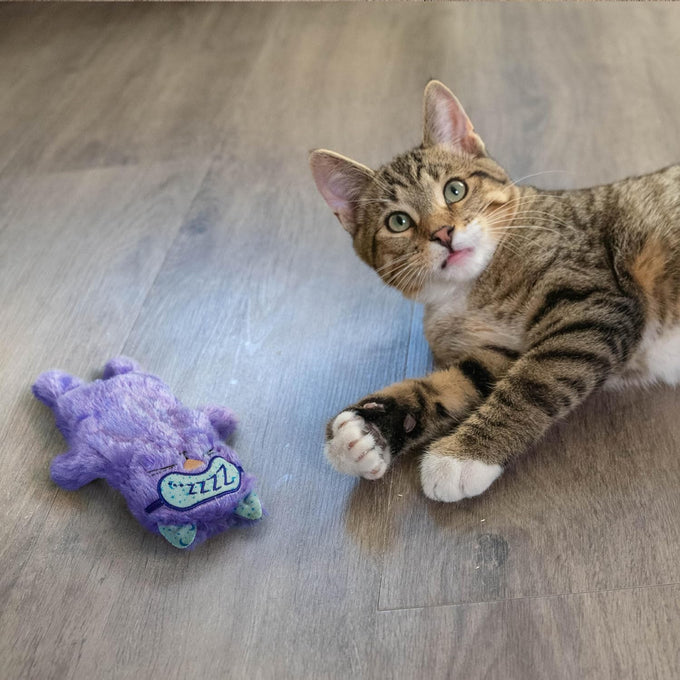 Catstages plush cat toy with touch-activated purr for calming kittens and cats