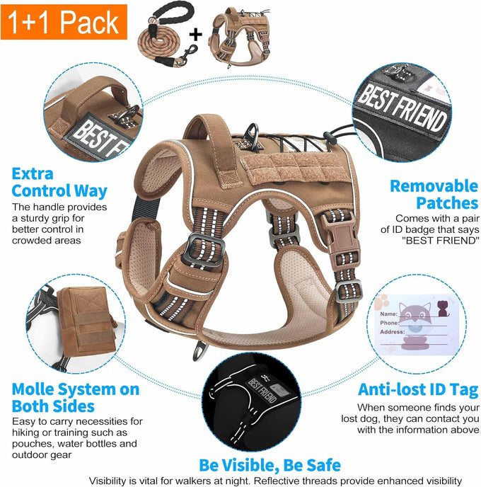 Beebiepet heavy duty tactical dog harness for small dogs, large, brown, no pull, adjustable, reflective