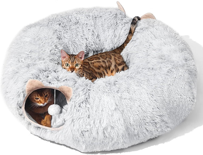 cat tunnel with cat bed for indoor cats, grey, multifunctional playground toys hideplace for kittens rabbit ferret