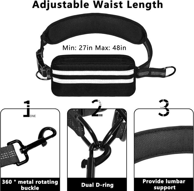 Lievuiken Hands Free Dog Leash with Zipper Pouch for Large Dogs, Adjustable Waist Belt, Black