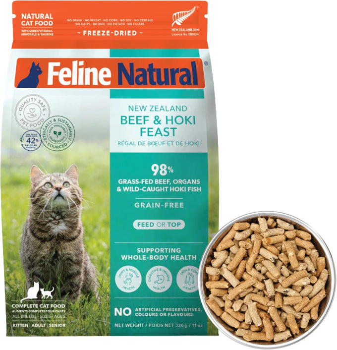 New Zealand made feline dry cat food with 98% high protein meat, organs, & seafood, grain-free, no artificial additives, beef, 11oz