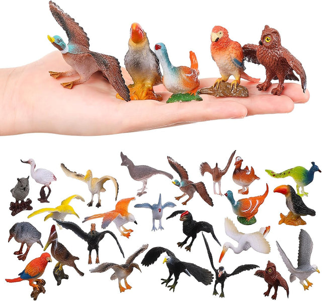 24-piece realistic bird figurines set with varied species and decorative uses for kids and collectors