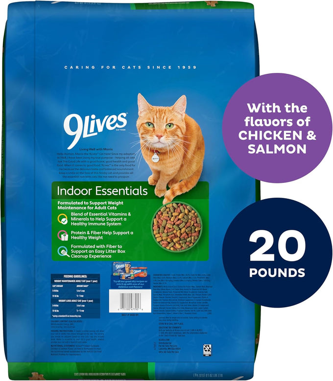 9Lives Indoor 20 lb Complete Dry Chicken & Salmon Cat Food - Lean Protein, Fiber, Vitamins, Minerals