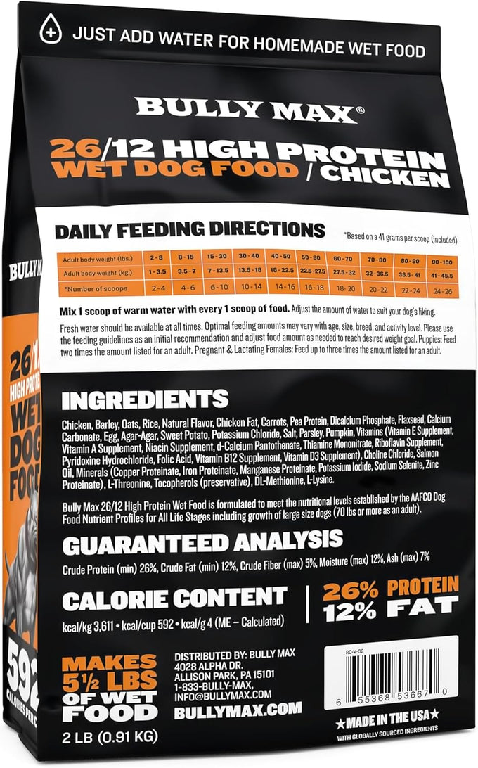 Bully Max Wet Dog Food for Adults & Puppies - Dehydrated High Protein Instant Fresh Soft Dog Food with Chicken - Healthy Muscle Growth for Small & Large Breeds - 2 Dry Pounds (Makes 5.5 lbs. Wet Food)