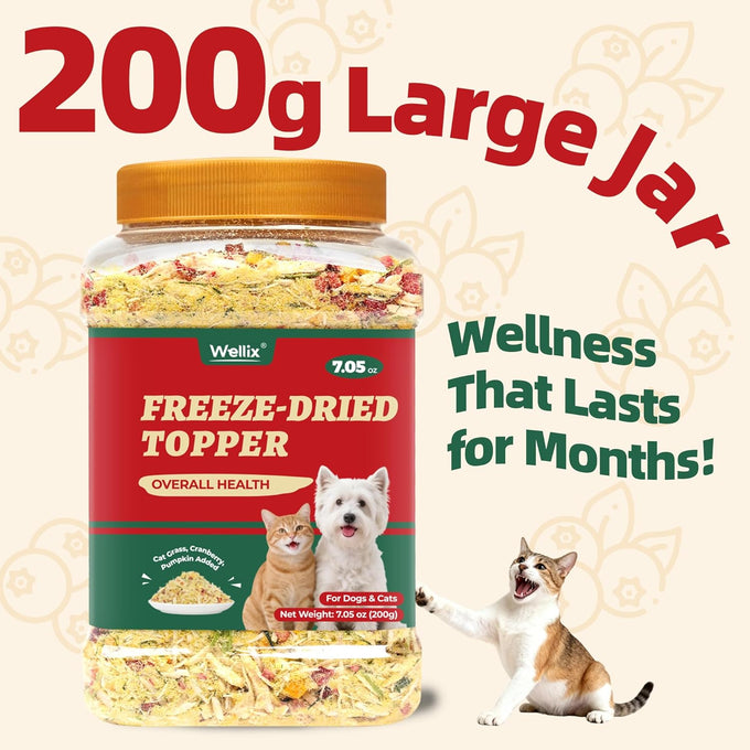Wellix Pet Freeze Dried Treats High Protein Cat & Dog Food Topper 7.05oz 3 Ingredients Cat Grass Cranberry Pumpkin