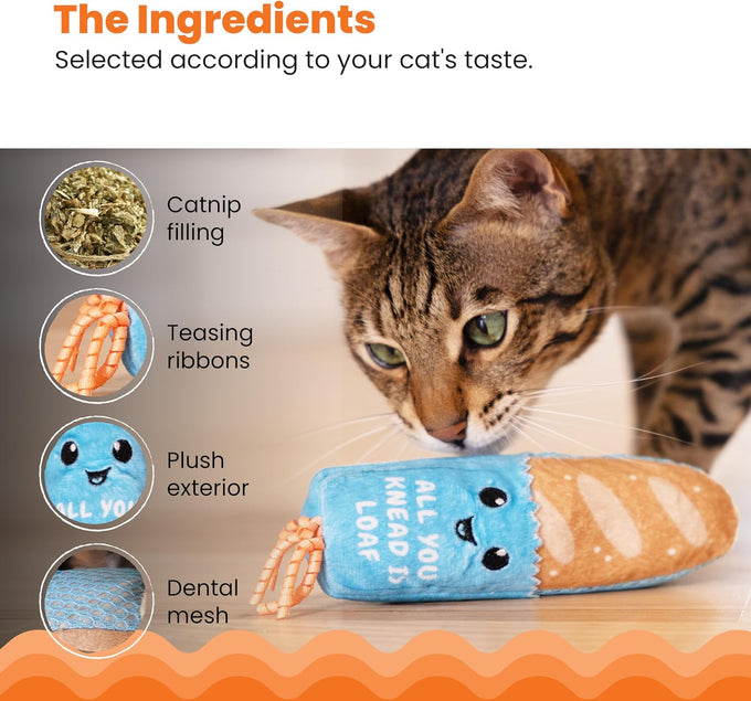 Catstages Loaf Kicker Toy with Catnip and Dental Mesh - Bread Shape, Plush, and Ribbon Cat Toy for Kicking and Teeth Cleaning, Tan