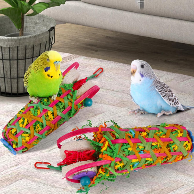 Kyouki parakeets toys, 2PCS bird chewing toys for cockatoos, conures, love birds and small parrots with natural materials, vibrant colors and easy-hang design