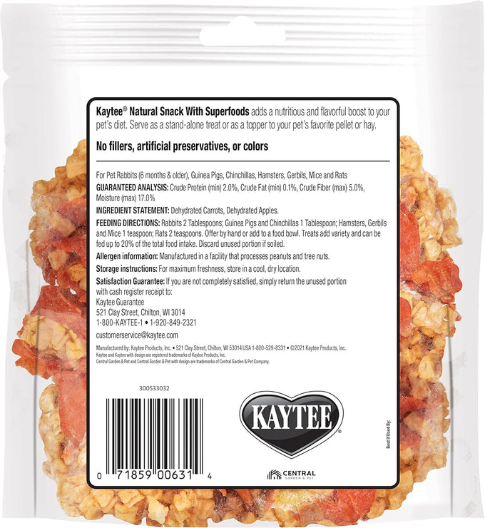 Kaytee natural pet snack for guinea pigs, rabbits, hamsters, and small animals, apple & carrot, 2.5 ounces