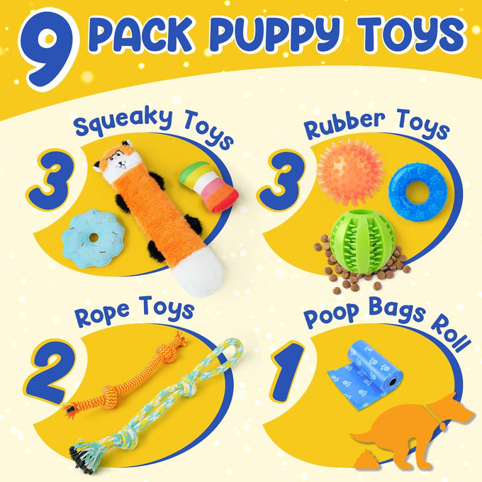 Puppy toys 9 pack for teething small dogs with rope toys treat ball and cute squeaky toys