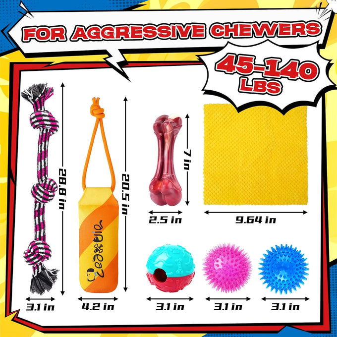 Zeaxuie 12 Pack Dog Chew Toys for Aggressive Chewers,Includes Dog Rope Toy, Squeaky Toys & Indestructible Chew Bone for Medium,Large & X-Large Breeds Dogs