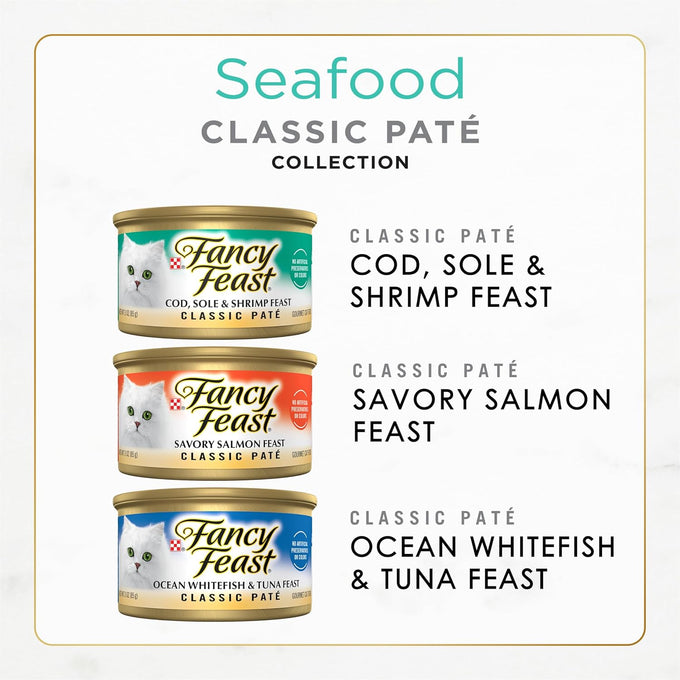Purina fancy feast seafood classic pate collection grain free wet cat food variety pack, 30 count, 3 oz cans, cod, sole, shrimp, salmon, tuna, no artificial colors or preservatives