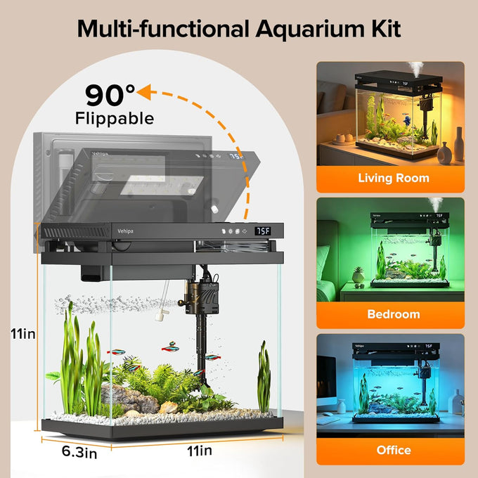 vehipa 2.2 gallon smart aquarium with humidifier, auto feeder, silent pump, temperature display & 7-color lighting, black