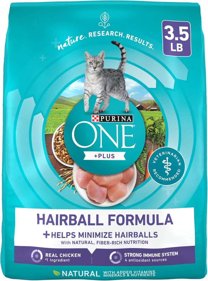 Natural adult dry cat food for hairball control with real chicken, high-protein recipe and crunchy kibble.