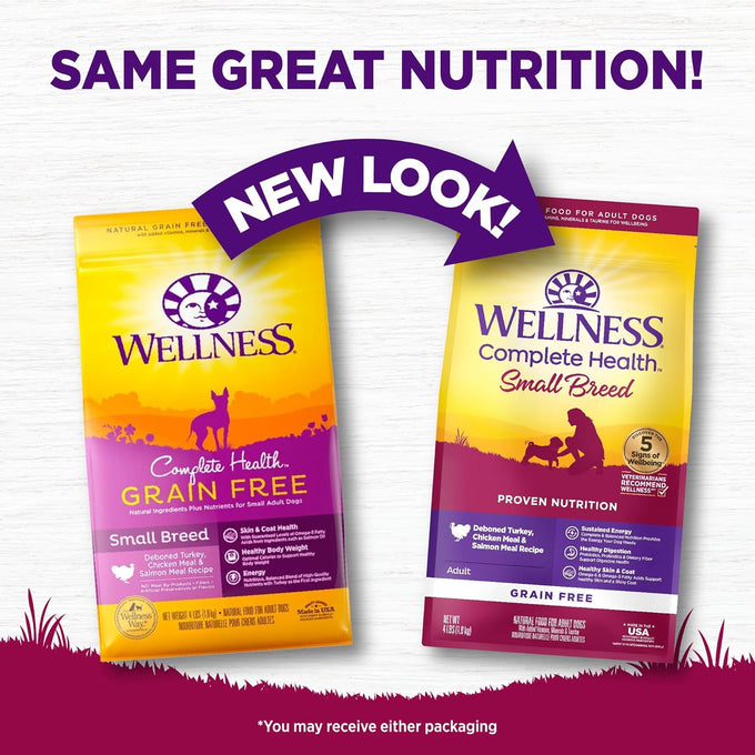 Wellness Complete Health Small Breed Adult Dry Dog Food, Grain Free Kibble, Chicken and Salmon Recipe, 4 lb Bag