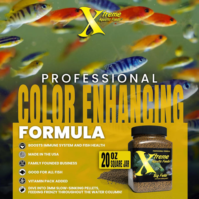 xTreme Big Fella 3.0mm Pellets: Professional Nutrition for Medium to Large Cichlids and Community Fish - USA Farm Grown Pellet Food (20oz)