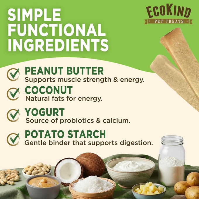 EcoKind Peanut Butter Yogurt Dog Chews - Probiotics, Lactose Free, Grain Free, Natural Dog Treats for All Breeds, USA Made, 25 Chews