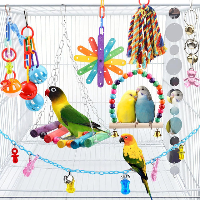 9-piece parakeet cockatiel bird toys set with colorful wooden perches and bell swing ropes for parrots cage accessories