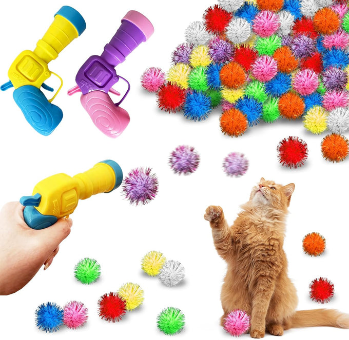 2 Cat Toy Launchers & 100 Cat Pom Pom Balls in Macaroon Colors, Silent Plush Elastic Balls for Kitty