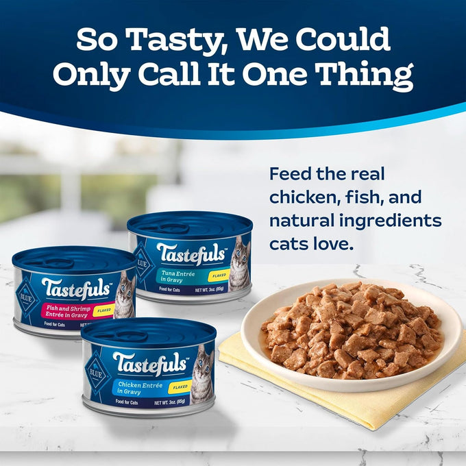 blue buffalo tastefuls flaked wet cat food variety pack, real meat, tuna, chicken, fish & shrimp, 12 count, 4 of each
