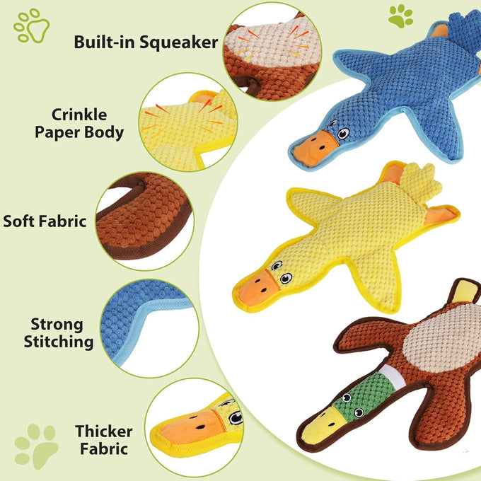 Duck Shape No-Stuffing Squeaky Crinkle Dog Toys for Small to Large Breeds, 3 Pack