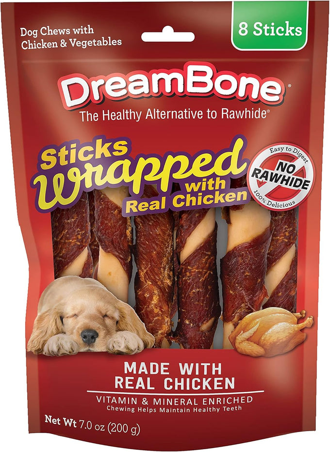 DreamBone rawhide-free chicken-wrapped chews for dogs, large 8-count, 8 fun-shaped sticks