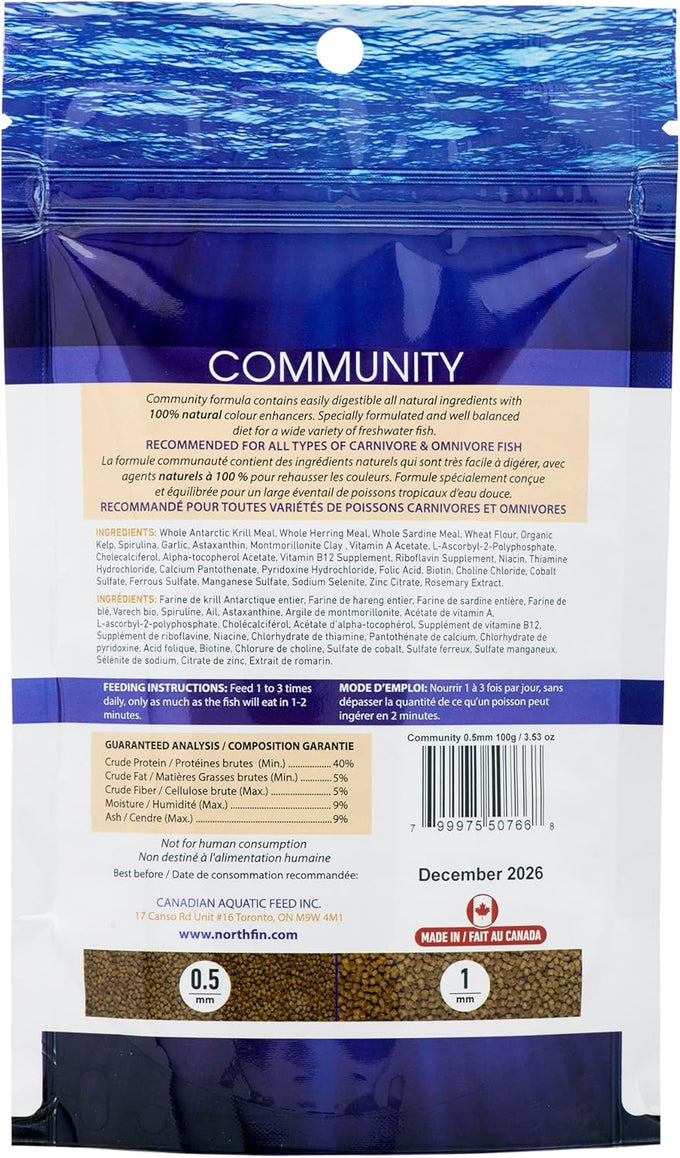 Northfin fish food community formula slow sinking pellets 0.5mm diameter 100g